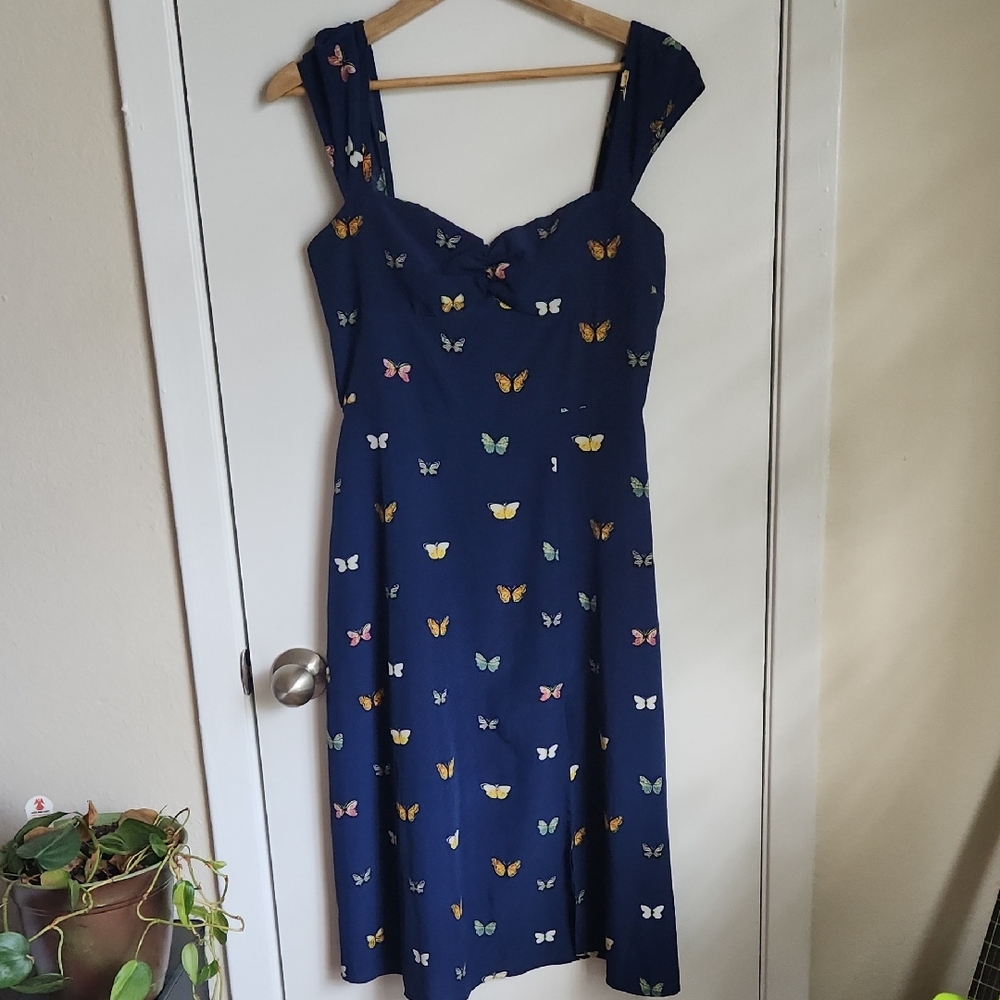 Elegant Navy Butterfly Print Dress
